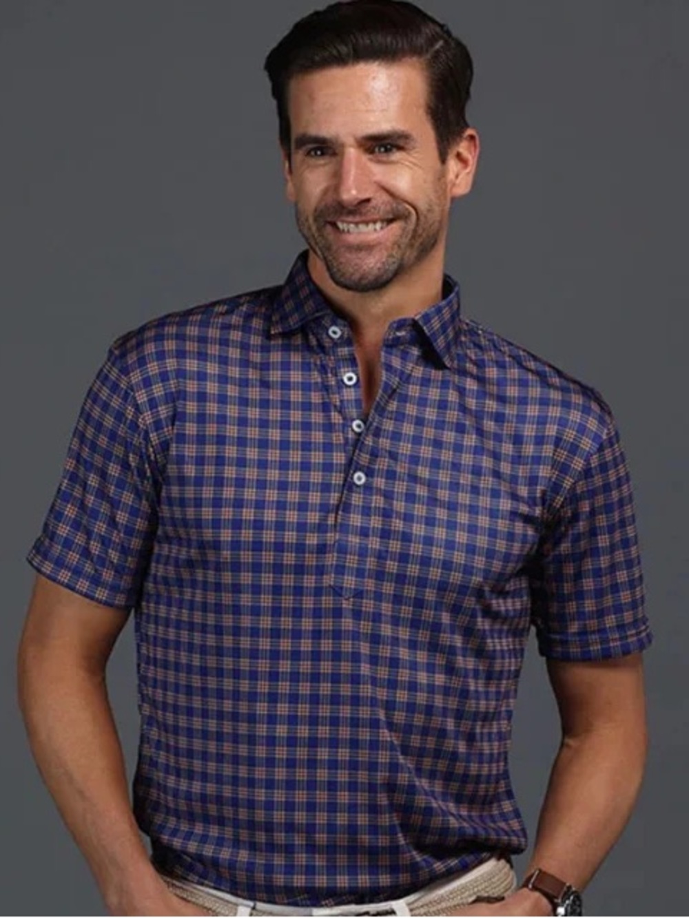 Collars & Co Dress Collar Polo Navy and Orange Plaid Large